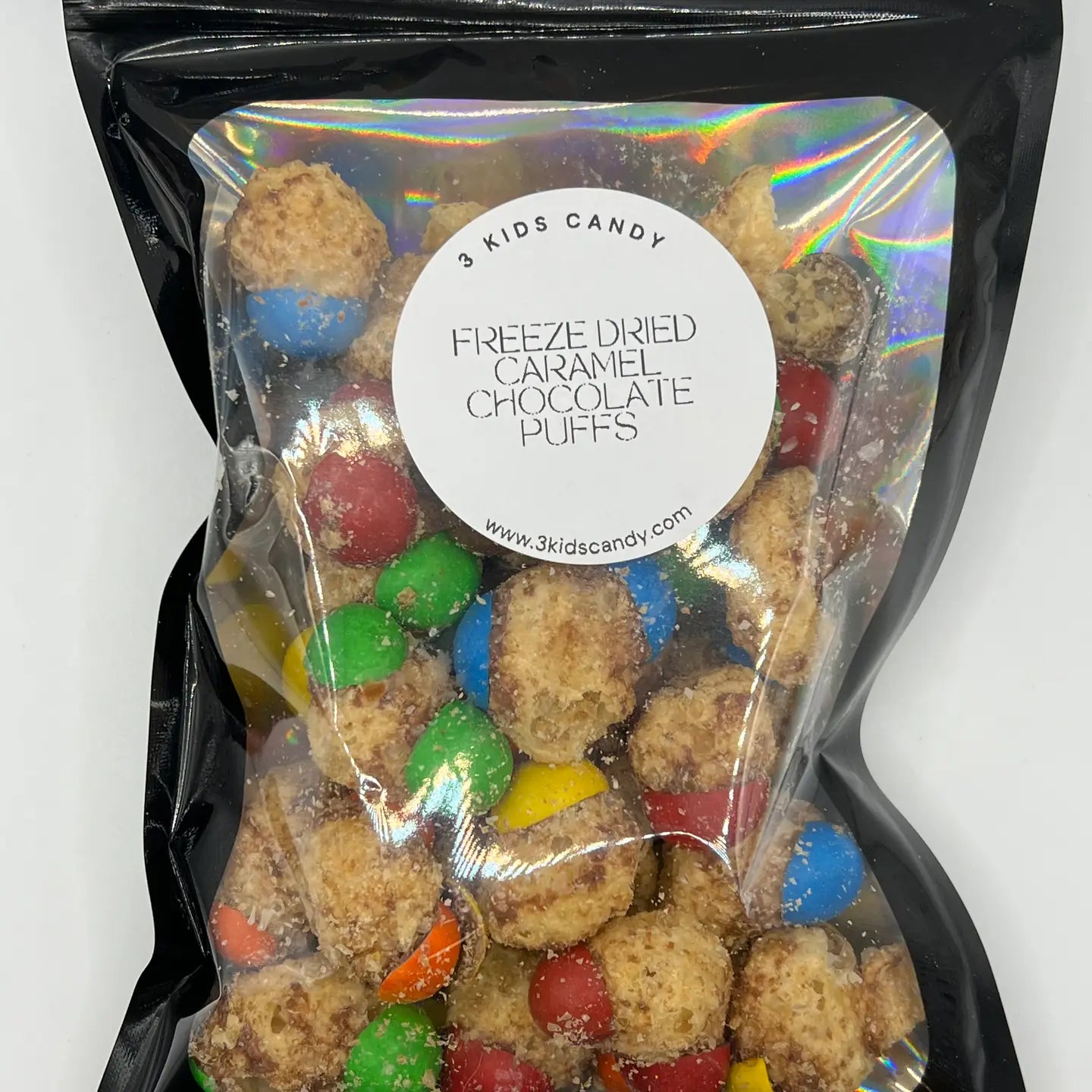 Freeze Dried Caramel Chocolate Puffs made with caramel m&m's