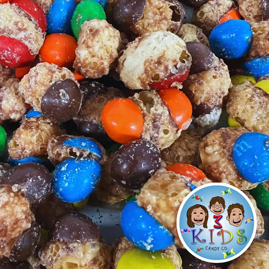 Freeze Dried Caramel Chocolate Puffs made with caramel m&m's